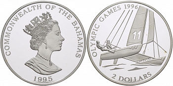Багамские острова 2 доллара 1995 XXVI Олимпийские игры в Атланте, регата на катамаранах KM 183.2 серебро PROOF 01-173-31