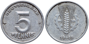 ГДР 5 ПФЕННИГОВ 1949 А KM 2 алюминий 4398-751