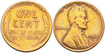 США 1 ЦЕНТ 1945 D, ЛИНКОЛЬН KM А132 медь цинк 218-929