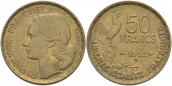 ФРАНЦИЯ 50 ФРАНКОВ 1952 KM 918.1 алюминиевая бронза 175-1033
