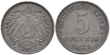 ГЕРМАНИЯ 5 ПФЕННИГОВ 1921 D KM 19, J. 297, Weege 5 железо 206-738