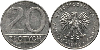 Польша 20 злотых 1990 MW KM 153.2, Parchimowicz 255b медно-никель 180-442