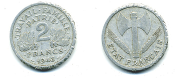 Франция 2 франка 1943 правительство Виши KM 904.1 алюминий 54-1225