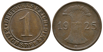 ГЕРМАНИЯ 1 РЕЙХСПФЕННИГ 1925 E KM 37, J. 313 бронза 4380-1124