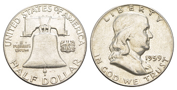 США 1/2 доллара (50 центов) 1959 Бенджамин Франклин, колокол KM 199 серебро  aUNC  4653-115