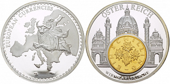 НИДЕРЛАНДЫ МЕДАЛЬ ND МОНЕТА НА МЕДАЛИ, СЕРИЯ ДОЕВРОВЫЕ ЕВРОПЕЙСКИЕ МОНЕТЫ, АВСТРИЯ, ВЕНА, 1 ШИЛЛИНГ, КАРЛСКИРХЕ серебрение PROOF 1090-1-21