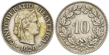 ШВЕЙЦАРИЯ 10 РАППЕНОВ 1926 В KM 27 медно-никель 4513-232