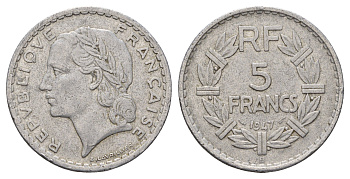 Франция 5 франков 1947 B KM 888b.2, Le Franc 339.12 алюминий 4634-645