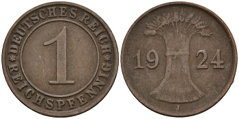 Германия 1 рейхспфенниг 1924 J KM 37, J. 313 бронза 4516-335