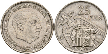 Испания 25 песет 1957 (68) Франсиско Франко (1939 - 1975) KM 787 медно-никель 4149-1026