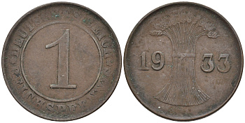 Германия 1 рейхспфенниг 1933 A KM 37, J. 313 медь 4594-1258