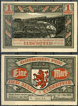 Германия, Эльберфельд 1 марка 1922 нотгельд, городские виды, серая Mehl 324.1 бумага UNC (пресс) 00-00