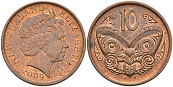 Новая Зеландия 10 центов 2009 маска Маори, Елизавета II (1952-) KM 117а сталь плакированная медью 4179-922