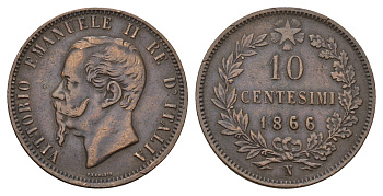 Италия 10 чентезимо 1866 N, Виктор Эммануил II (1861-1878) KM 11 медь 180-713