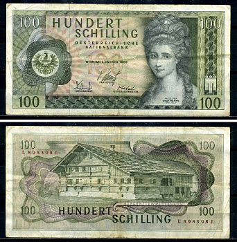 Австрия 100 шиллингов 1969 Анжелика Кауфманн, "Монфор" герб Форарльберга Pick 145a бумага 8590-3-2-2