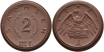 Саксония 2 марки 1921 J. N 56 фарфор 1094-2-55