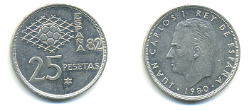 Испания 25 песет 1980 (80) чемпионат мира по футболу KM 818 медно-никель 89-1426