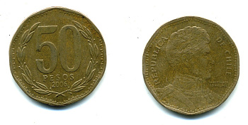 Чили 50 песо 2006 Бернардо О’Хиггинс KM 219.2 алюминиевая бронза 35-341