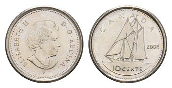 Канада 10 центов 2004 P, Елизавета II (1952-2022), парусник KM 492 сталь плакированная никелем UNC 4630-856