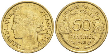ФРАНЦИЯ 50 САНТИМОВ 1941 ТИП MORLON KM 894.1, LE FRANC 192.18 алюминиевая бронза 44-541
