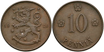 Финляндия 10 пенни 1920 республика (1918-1962) KM 24 медь 08-1047