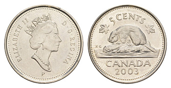 Канада 5 центов 2003 P, Елизавета II (1952-2022), бобр KM 182b сталь плакированная никелем UNC 4630-754
