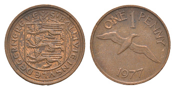 Гернси 1 пенни 1977 Елизавета II (1952-2022), северная олуша в полете KM 27 бронза 4655-938