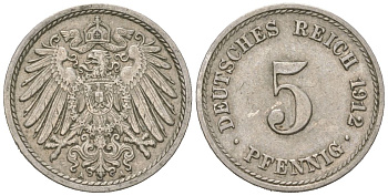 Германия 5 пфеннигов 1912 A, Вильгельм II (1888-1918) KM 11, J. 12 медно-никель 4615-736