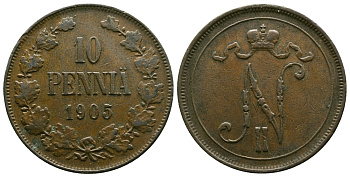 РОССИЯ ДЛЯ ФИНЛЯНДИИ 10 ПЕННИ 1905 Биткин 429 медь 4381-115