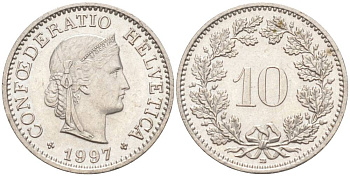 ШВЕЙЦАРИЯ 10 РАППЕНОВ 1997 В KM 27 медно-никель 55-541