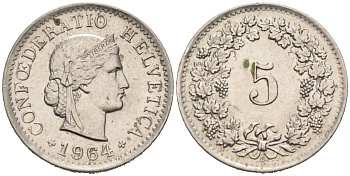 Швейцария 5 Раппенов 1964 В KM 26 медно-никель 4567-931