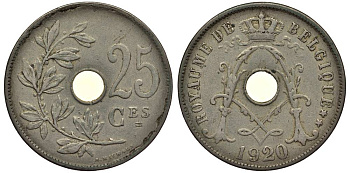 БЕЛЬГИЯ 25 САНТИМОВ 1920 BELGIQUE, АЛЬБЕРТ I (1909-1934) KM 68.1 медно-никель 27-921