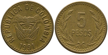 Колумбия 5 песо 1991 KM 280 алюминиевая бронза 4528-1152