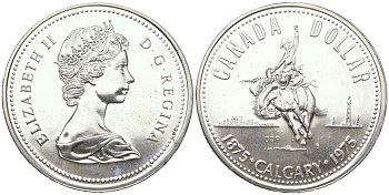 Канада 1 доллар 1975 100 лет Калгари (1875-1975), родео на лошадях, ковбой KM 97 серебро UNC 4368-814