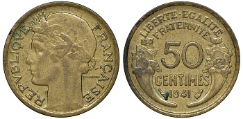 Франция 50 сантимов 1941 тип Морлон KM 894.1, Le Franc 192.18 алюминиевая бронза 72-1668
