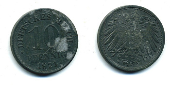 ГЕРМАНИЯ 10 ПФЕННИГОВ 1921 KM 26, J. 299 цинк 54-522