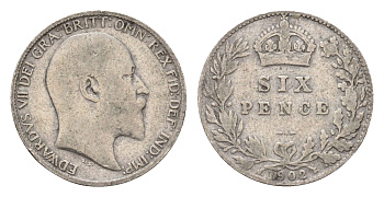 Великобритания 6 пенсов 1902 Эдуард VII (1901-1910) KM 799, Spink 3983 серебро 71-721