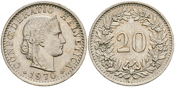 Швейцария 20 раппенов 1970 KM 29а медно-никель 4364-1417