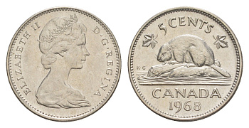 Канада 5 центов 1968 Елизавета II (1952-2022), бобр KM 60.1 никель 4639-451
