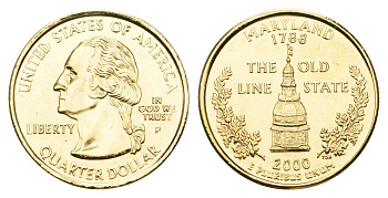 США 1/4 доллара (25 центов) 2000 Квотер штата Мэриленд KM 306 медь плакированная золотом UNC 11-117-14
