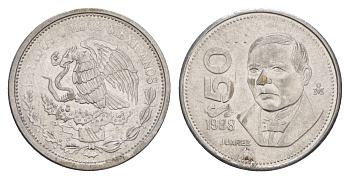 Мексика 50 песо 1988 Mo, новый тип, гурт гладкий KM 495a нержавеющая сталь aUNC 4637-747