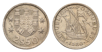 Португалия 2,5 эскудо 1980 парусник KM 590 медно-никель 4708-358