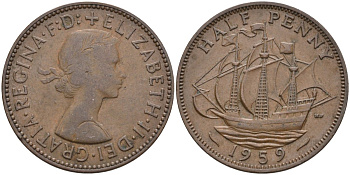 Великобритания 1/2 пенни 1959 Елизавета II (1952-2022) KM 896, Spink 4158 бронза 4587-845