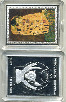Конго 10 франков 2007 серия шедевры мировой живописи, ГУСТАВ КЛИМТ, ПОЦЕЛУЙ, серебрение, размер 35Х46 мм., цветная эмаль медно-никель PROOF M43-17