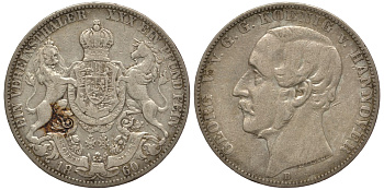 Брауншвейг-Каленберг-Ганновер 1 талер 1860 В, Георг V (1851-1866) КМ 230, AKS 144, Dav. 682, Kahnt 239, Thun 174 серебро 00-1067-10-13