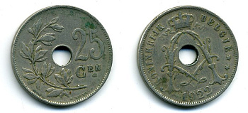 БЕЛЬГИЯ 25 САНТИМОВ 1922 BELGIE KM 69 медно-никель 41-844