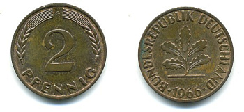 ФРГ 2 пфеннига 1966 G KM106, J.381 бронза 3999-1122