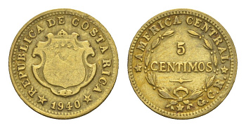 Коста-Рика 5 сентимо 1940 KM 151 латунь 4644-311