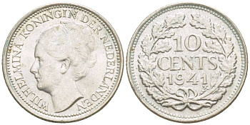 Нидерланды 10 центов 1941 Вильгельмина I (1890-1948) КМ 163 серебро UNC 4532-1168