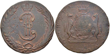 Россия, Сибирские монеты 10 копеек 1766 КМ, гуртовая надпись Биткин 1012 R1 медь 00-000-00